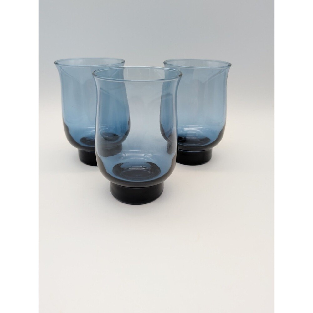 Set Of 3 Vintage Libbey Tulip Dusky Blue Glasses Flat Tumbler 12 oz 4.5" Tall